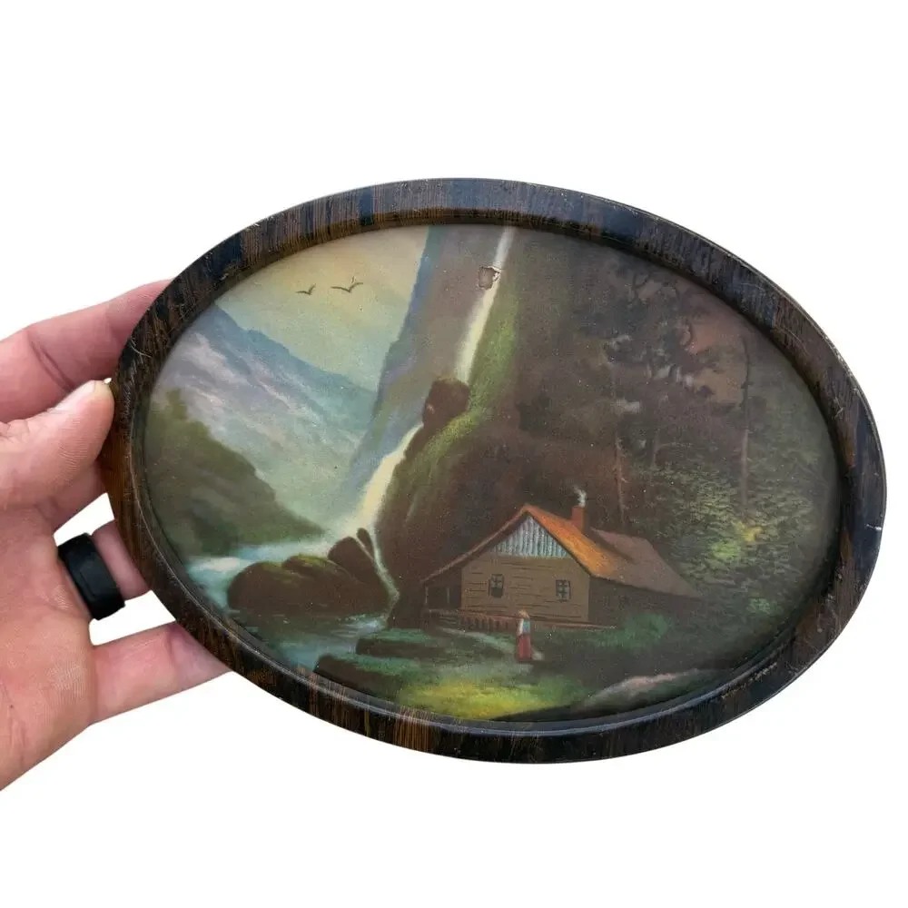 VTG Faux Wood Metal Framed Antique Art Print Hanging Decor Oval Cottage 5.5x7.5